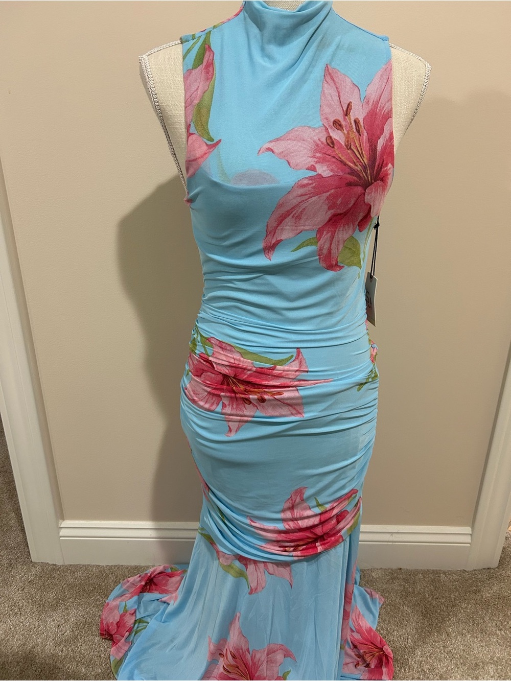NWT Sleeveless Blue Floral Maxi Dress with Pink Lily Print
